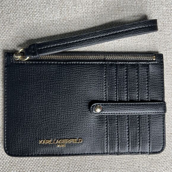 Karl Lagerfeld Paris Large Slim Card Case Wallet 5 Slot Zipper Wristlet Black - Picture 7 of 13